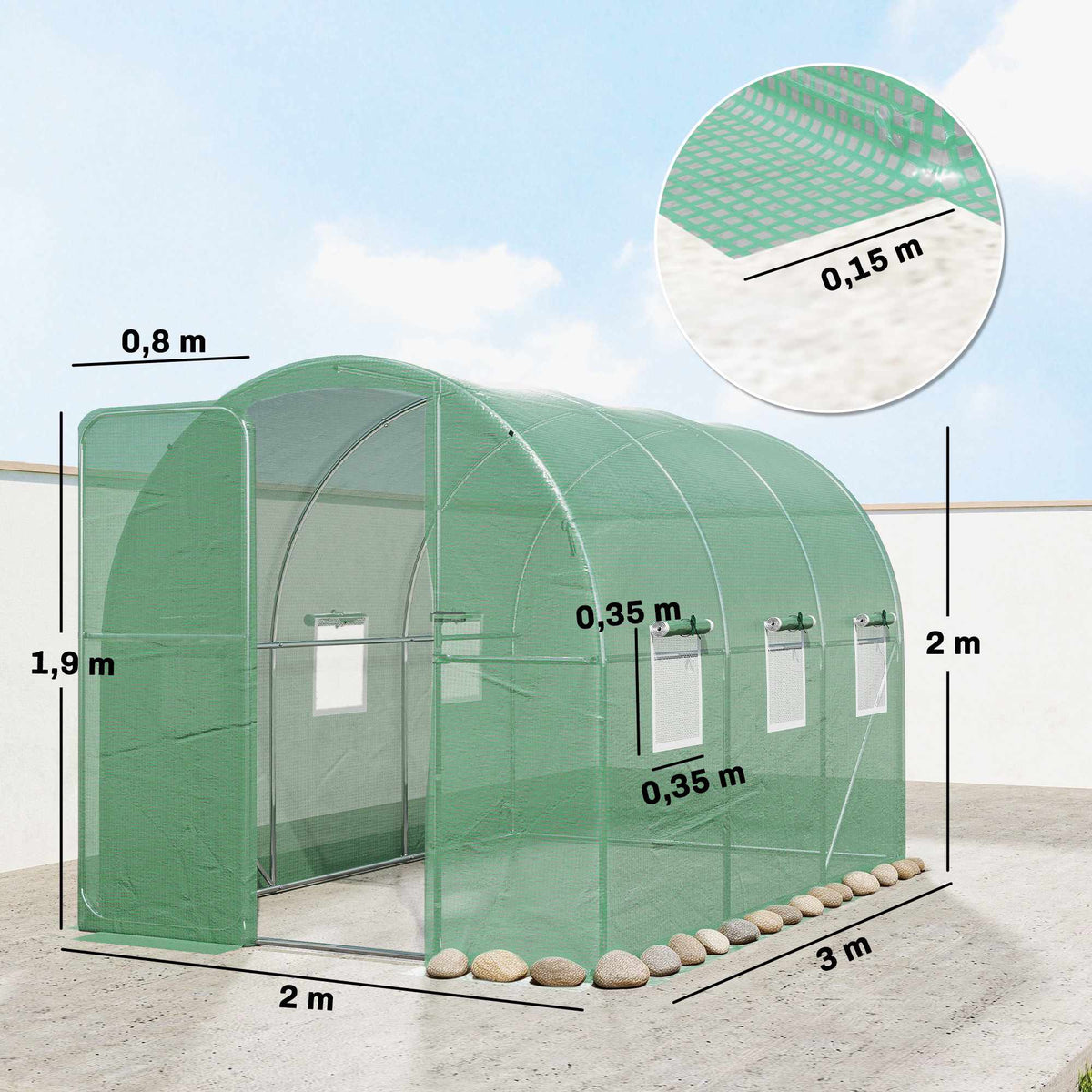 Walk-In Polytunnel Greenhouse, 2x3m, PE Cover, Steel Frame