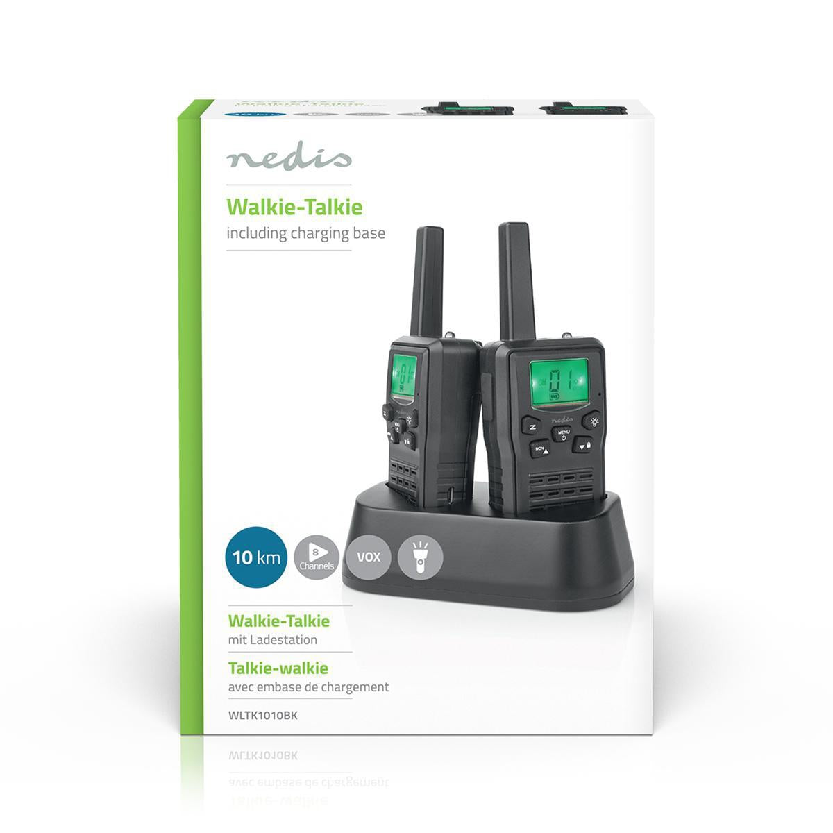 Walkie Talkie Set | 2 handsets | Up to 10 km | Frequency channels: 8 | PTT / VOX | Up to 6 hours | Charging base included | Headphone jack | Black