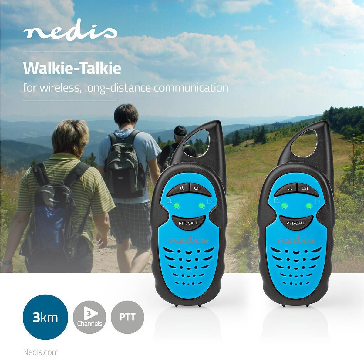 Walkie Talkie Set | 2 handsets | Up to 3 km | Frequency channels: 3 | PTT | Up to 3 hours | Blue / Black