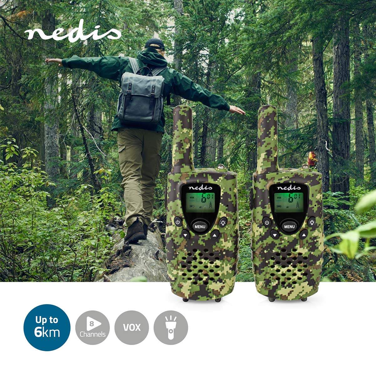 Walkie Talkie Set | 2 handsets | Up to 8 km | Frequency channels: 8 | PTT / VOX | Up to 2.5 hours | Headphone jack | 2 Headset | Suitcase included | Green
