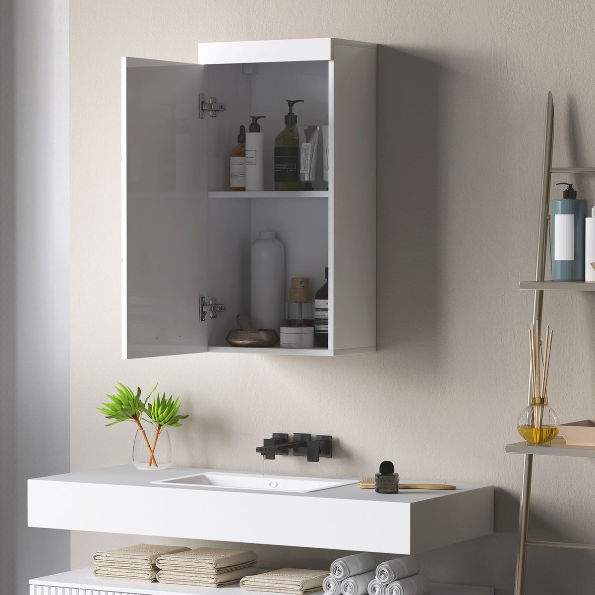 Wall Cabinet with Door, Bathroom Cabinet, Kitchen Cabinet with 2 Levels, Wall Mounted Medicine Cabinet White 37.2 x 24.5 x 76.8 cm