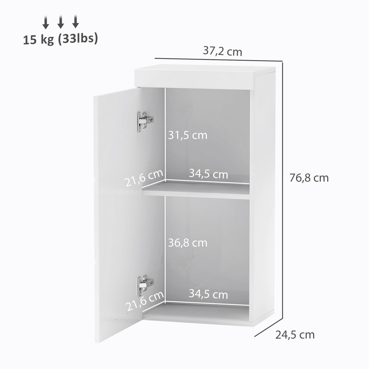 Wall Cabinet with Door, Bathroom Cabinet, Kitchen Cabinet with 2 Levels, Wall Mounted Medicine Cabinet White 37.2 x 24.5 x 76.8 cm