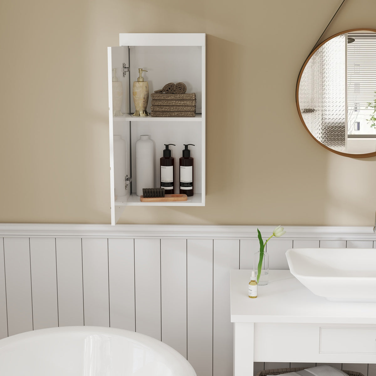Wall Cabinet with Door, Bathroom Cabinet, Kitchen Cabinet with 2 Levels, Wall Mounted Medicine Cabinet White 37.2 x 24.5 x 76.8 cm