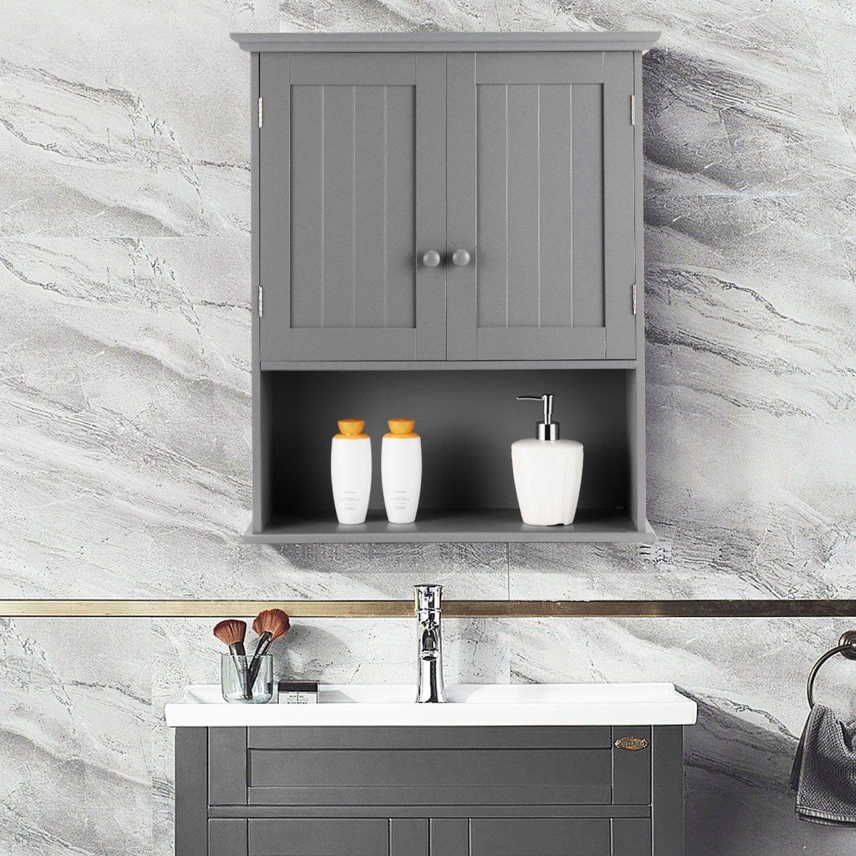 Wall Cabinet with Double Door & Adjustable Shelf Height Medicine Cabinet Wall Cabinet Gray