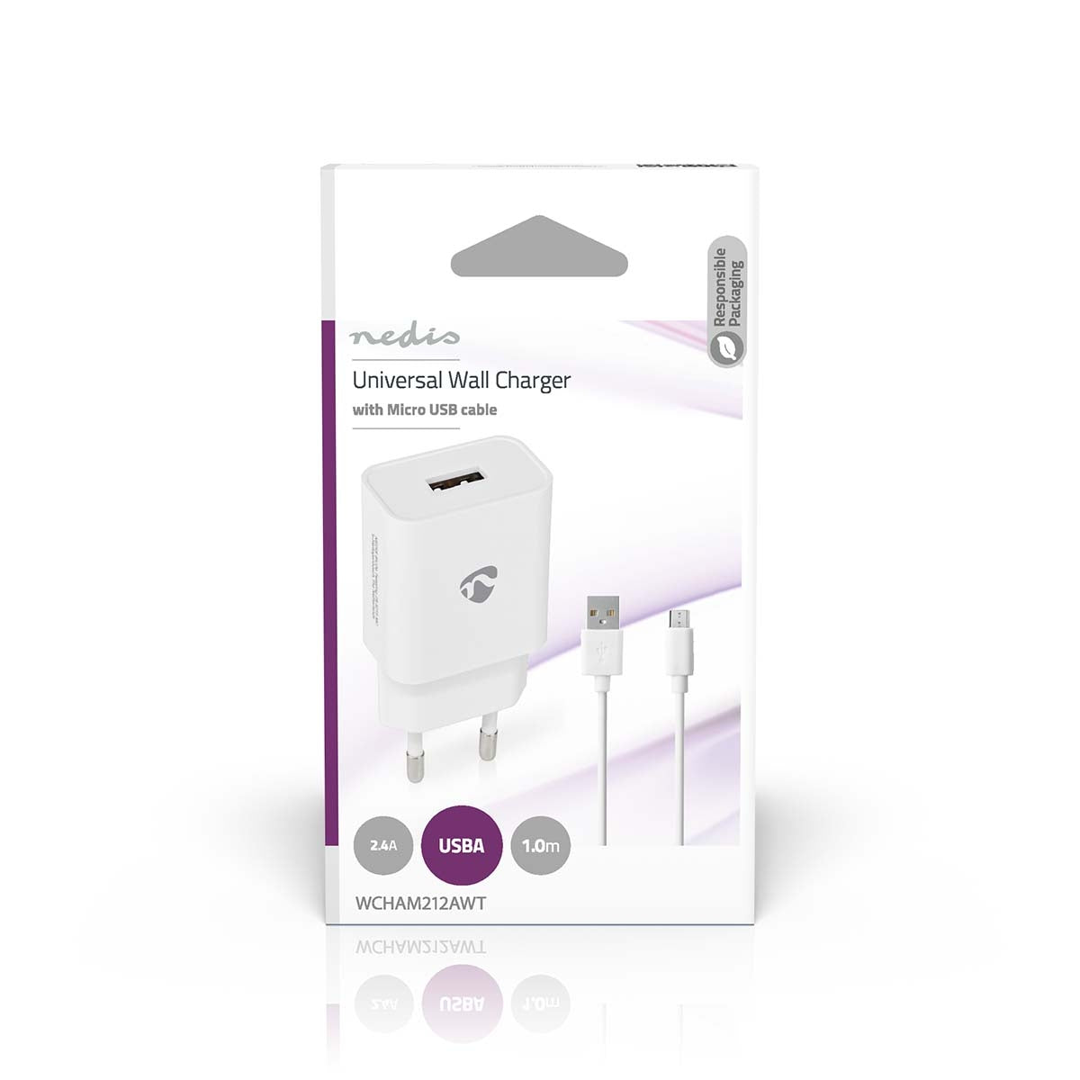 Wall Charger | 12 W| Fast charging function | 1x 2.1 A A | Number of outputs: 1 | USB-A | Micro USB (Loose) Cable | 1.00 m | Single Voltage Output