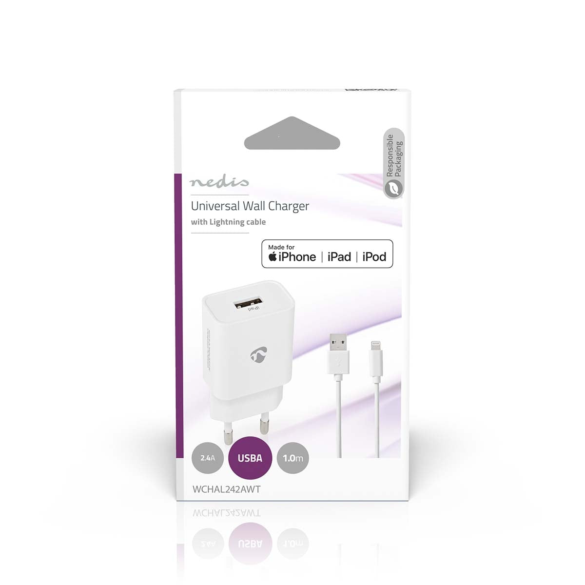 Wall Charger | 12 W| Fast charging function | 1x 2.4 A A | Number of outputs: 1 | USB-A | Lightning 8-Pin (Loose) Cable | 1.00 m | Single Voltage Output