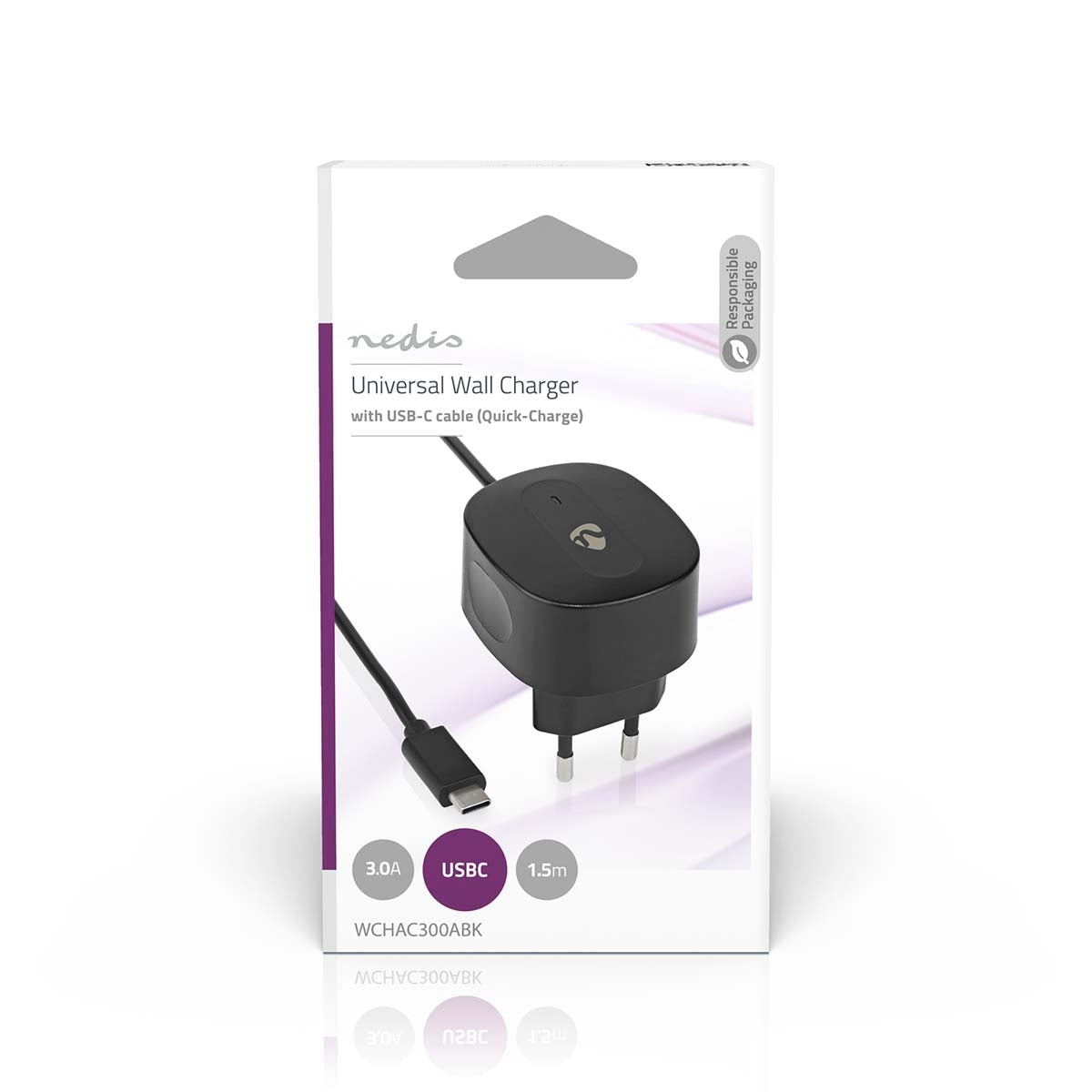 Wall Charger | 15 W| Fast charging function | 1x 3.0 A| Number of outputs: 1 | USB-C™ (Fixed) Cable | 1.50 m | Single Voltage Output