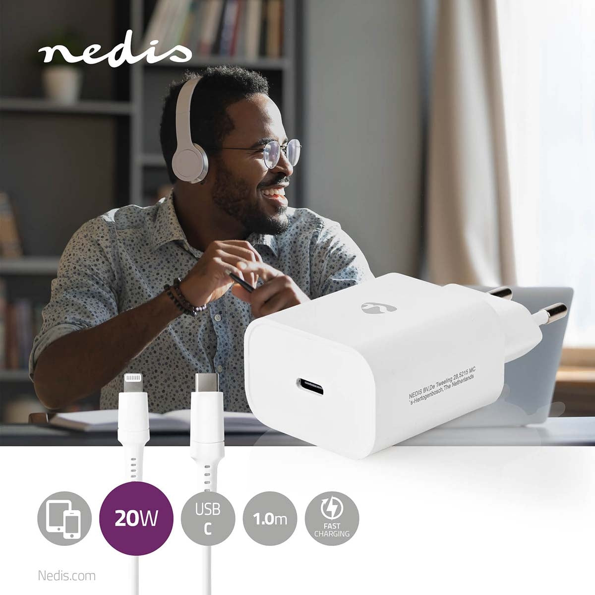 Wall Charger | 20 W| Fast charging function | 1.67 A / 2.22 A / 3.0 A | Number of outputs: 1 | USB-C™ | Lightning 8-Pin (Loose) Cable | 1.00 m | Automatic selection of Voltage