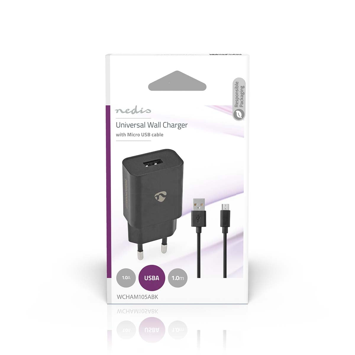Wall Charger | 5 W| Fast charging function | 1.0 A A | Number of outputs: 1 | USB-A | Micro USB (Loose) Cable | 1.00 m | Single Voltage Output