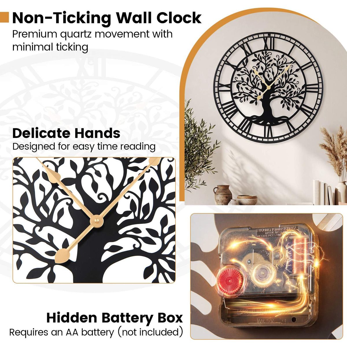 Wall Clock 27-Inch Tree of Life, Metal, Silent Quartz
