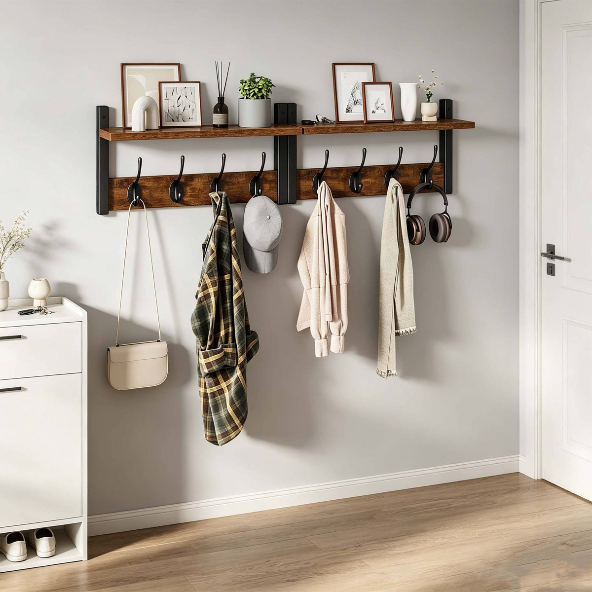 Wall Coat Rack Set of 2, Brown MDF and Iron