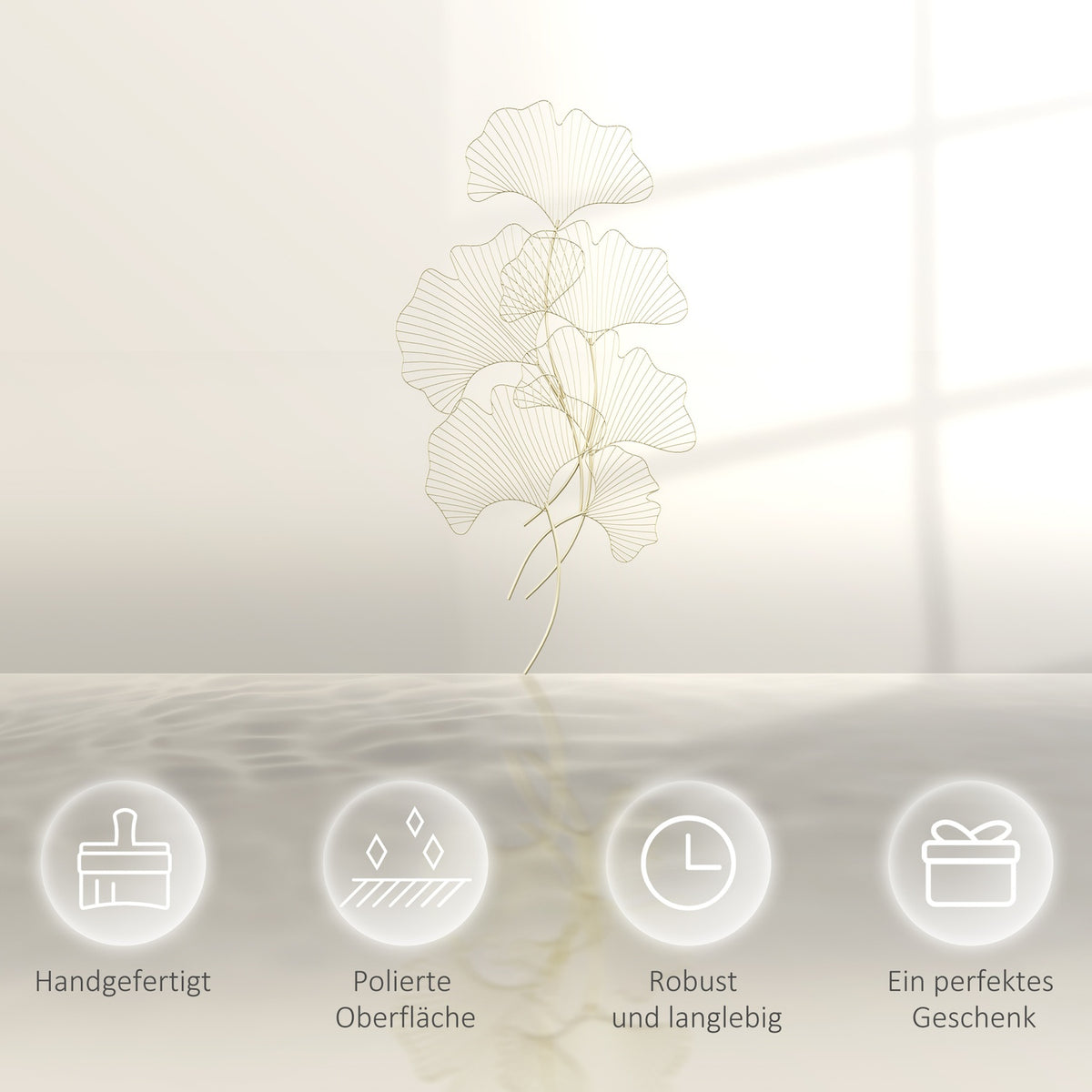 Wall Decoration Metal 3D Modern Ginko Leaves Wall Picture, Wall Hanging For Bedroom & Dining Room, Gold, 51X3.5X94.5Cm