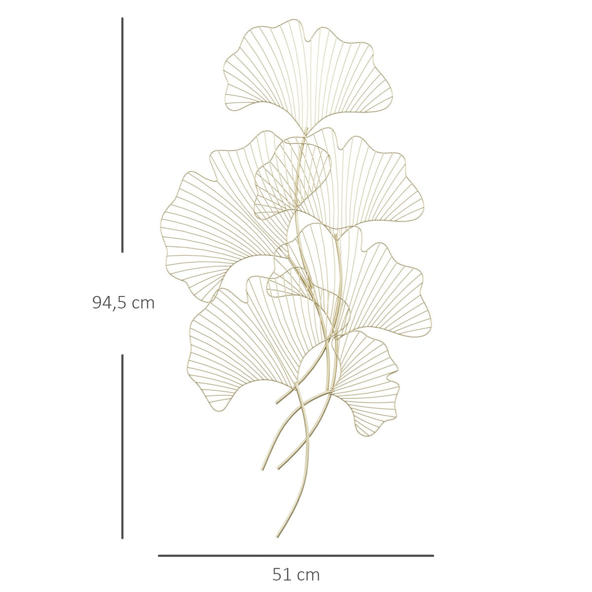 Wall Decoration Metal 3D Modern Ginko Leaves Wall Picture, Wall Hanging For Bedroom & Dining Room, Gold, 51X3.5X94.5Cm