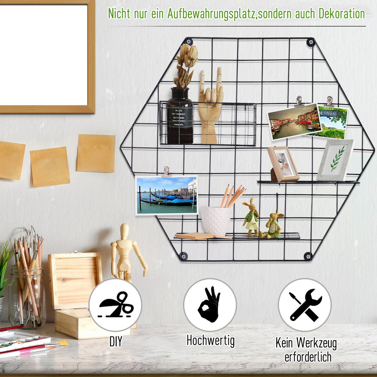 Wall Grid Wall Decor Diy Picture Shelf, Metal, Black, 50X44X8Cm, For Photos & Notes