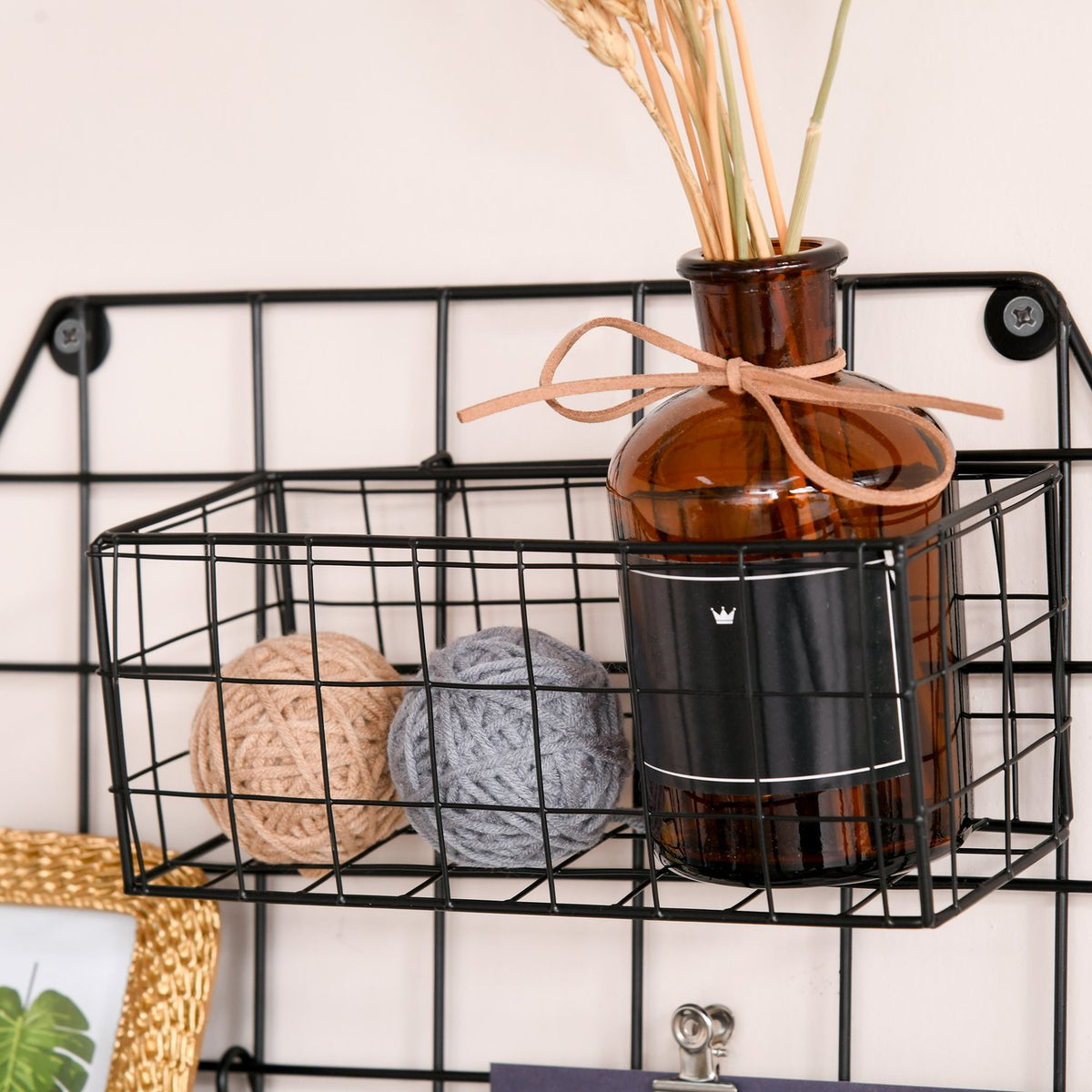 Wall Grid Wall Decor Diy Picture Shelf, Metal, Black, 50X44X8Cm, For Photos & Notes