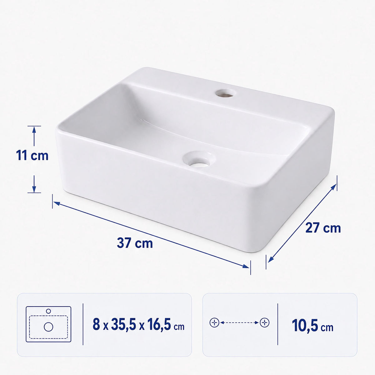 Wall-Hung Ceramic Basin with Tap Hole, 37 x 27 cm
