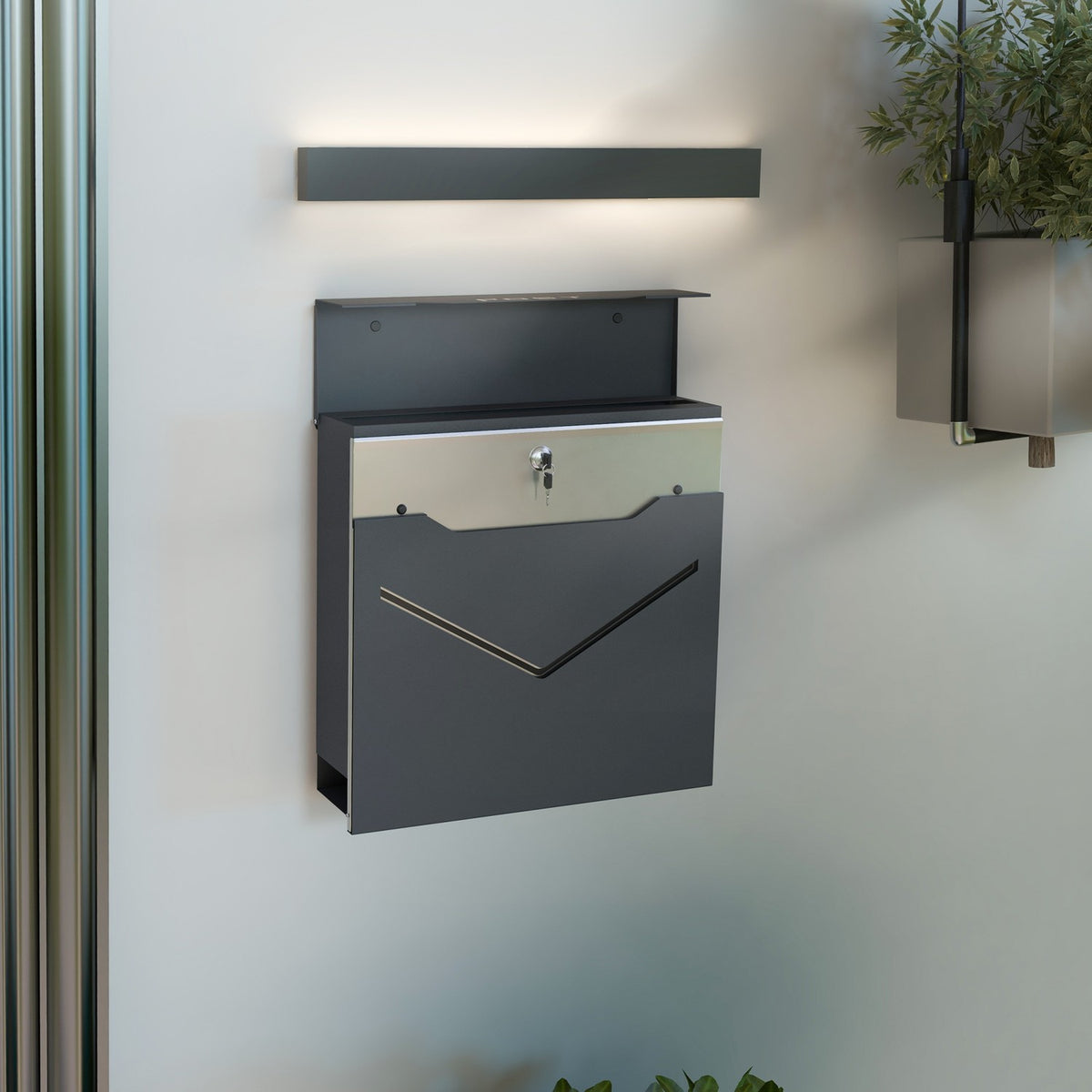 Wall Mailbox Anthracite With Newspaper Compartment, Viewing Window, 2 Keys, Galvanized Steel, 37X10.5X37Cm