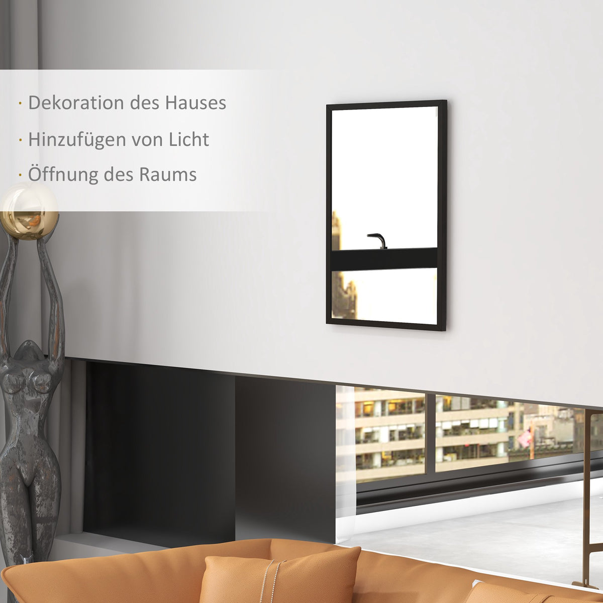 Wall Mirror, 50x70 cm, Black MDF Frame, Easy Mounting