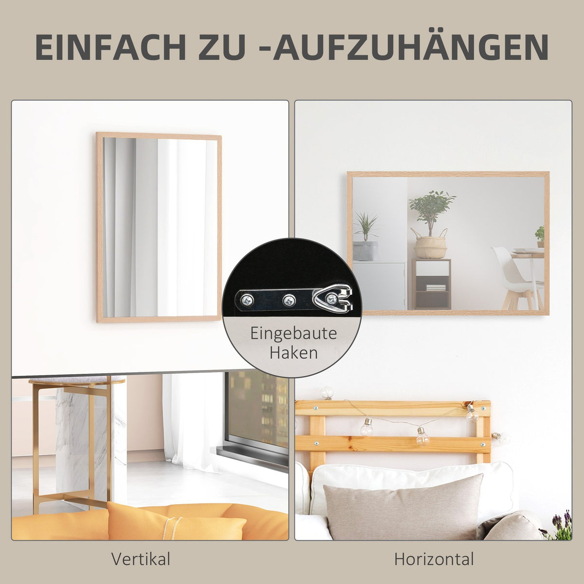 Wall Mirror 50x70cm Decorative Mirror with 4 Hooks Rectangular Mirror for Bedroom Bathroom
