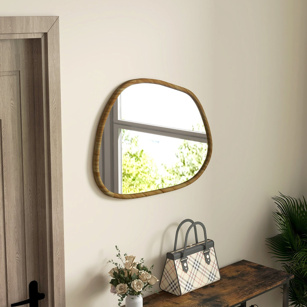 Wall Mirror Asymmetrical 80X60Cm Bathroom Mirror Wooden Frame Antioxidized Decorative Bathroom Living Room Hallway Bedroom Natural