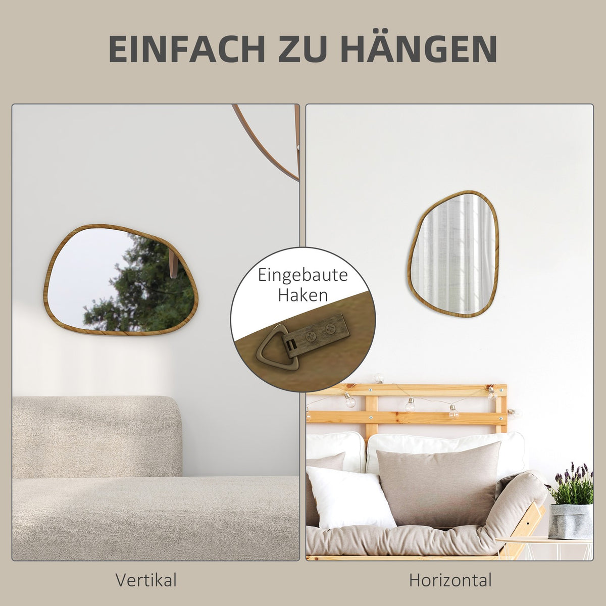 Wall Mirror Asymmetrical 80X60Cm Bathroom Mirror Wooden Frame Antioxidized Decorative Bathroom Living Room Hallway Bedroom Natural