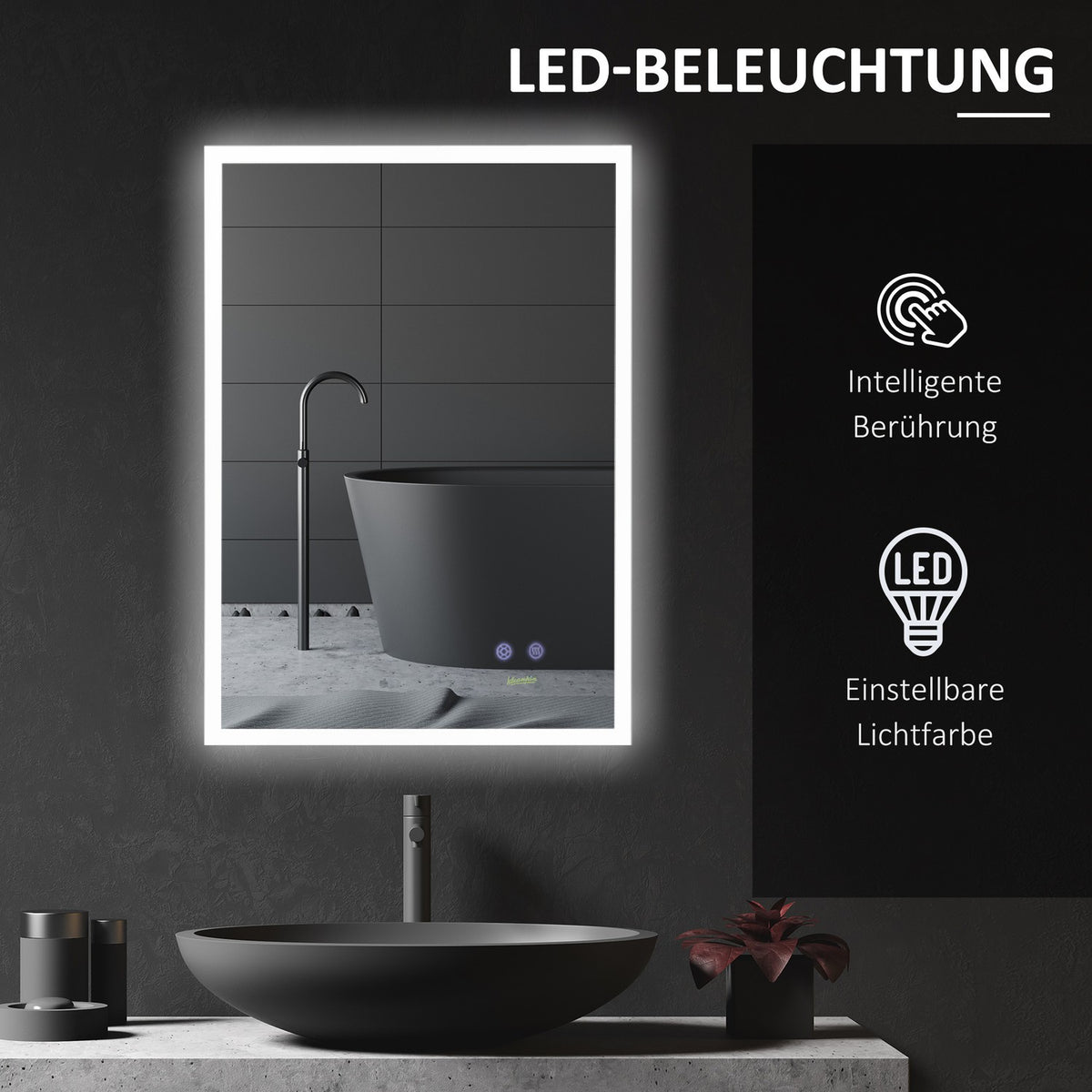 Wall Mirror Bathroom Mirror With Led Lighting And Anti-Fog Function, Ip44 Waterproof, Aluminum Alloy