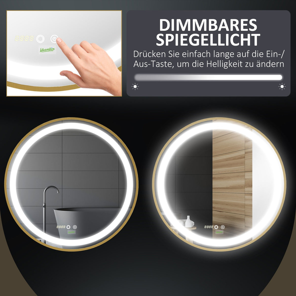 Wall Mirror Dimmable Bathroom Mirror With Led Light, Memory Function And Time Display, Ip44, Aluminum Alloy, 60X60Cm