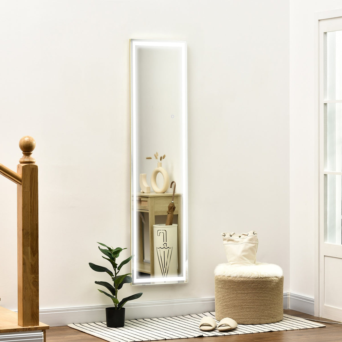 Wall Mirror With Led 2 In 1 Standing Mirror, Full Length Mirror, Aluminum Frame, For Bedroom, Lighting, Silver+Gold