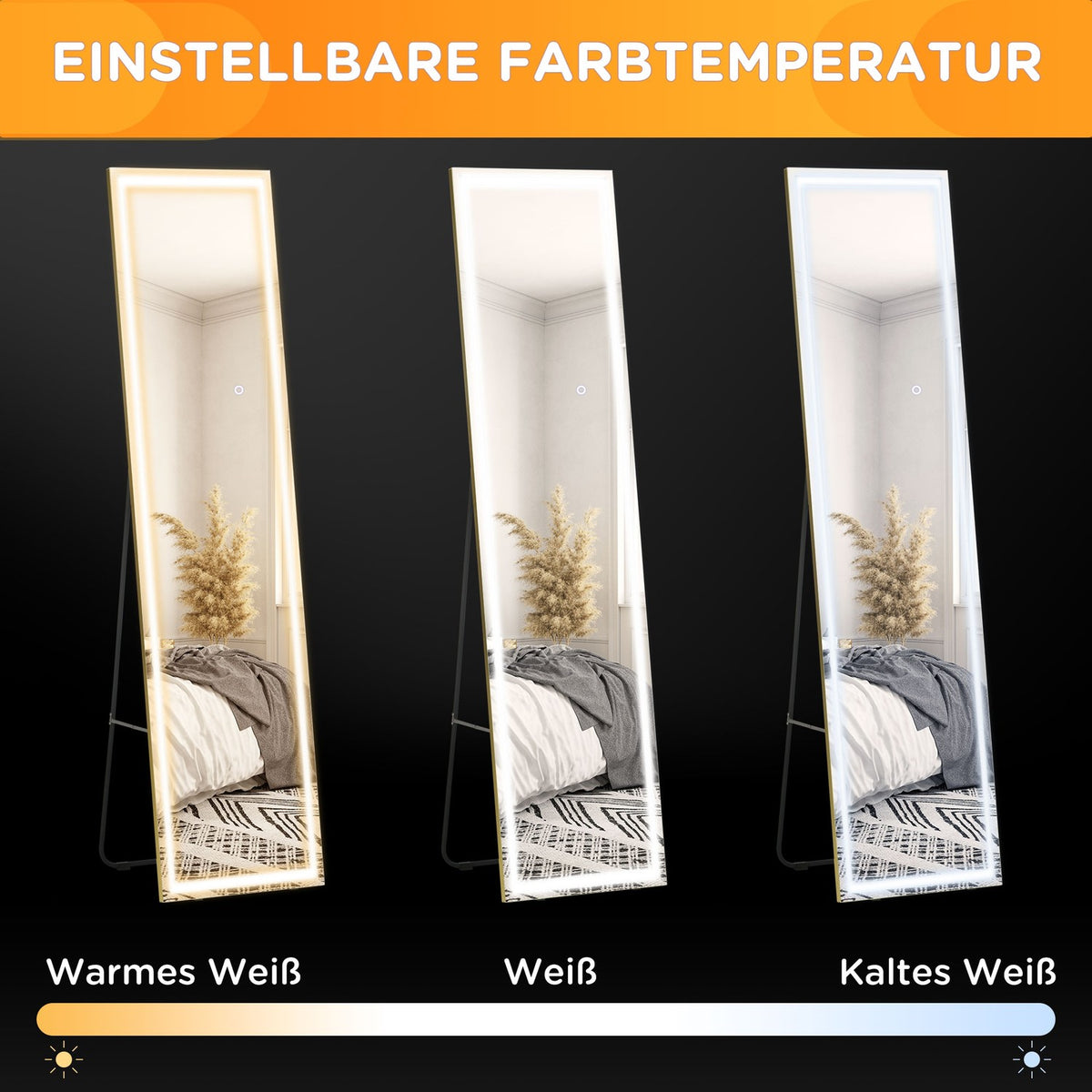 Wall Mirror With Led 2 In 1 Standing Mirror, Full Length Mirror, Aluminum Frame, For Bedroom, Lighting, Silver+Gold
