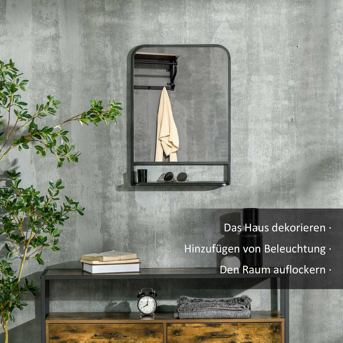 Wall Mirror With Shelf 70X50Cm, Modern, Elegant, For Living Room, Rectangular, Black