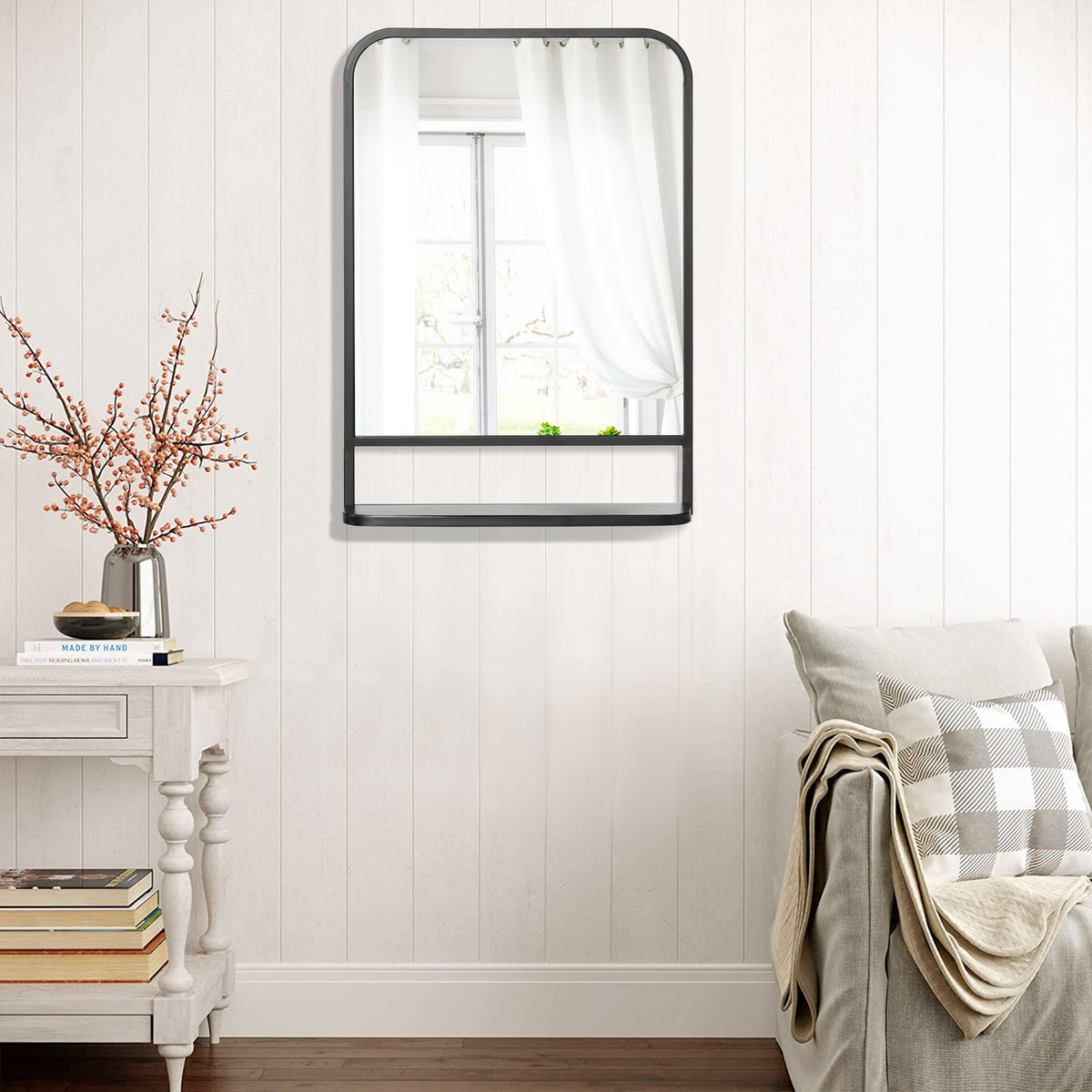 Wall Mirror With Shelf 70X50Cm, Modern, Elegant, For Living Room, Rectangular, Black
