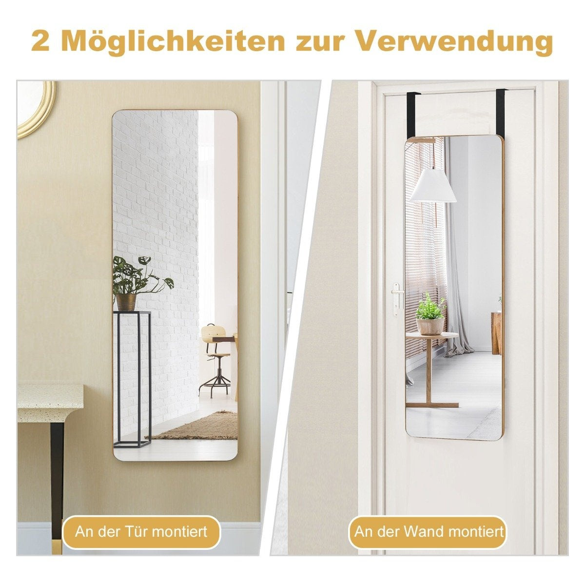 Wall Mirror with Bamboo Frame, Rounded Corners, 2 Hooks