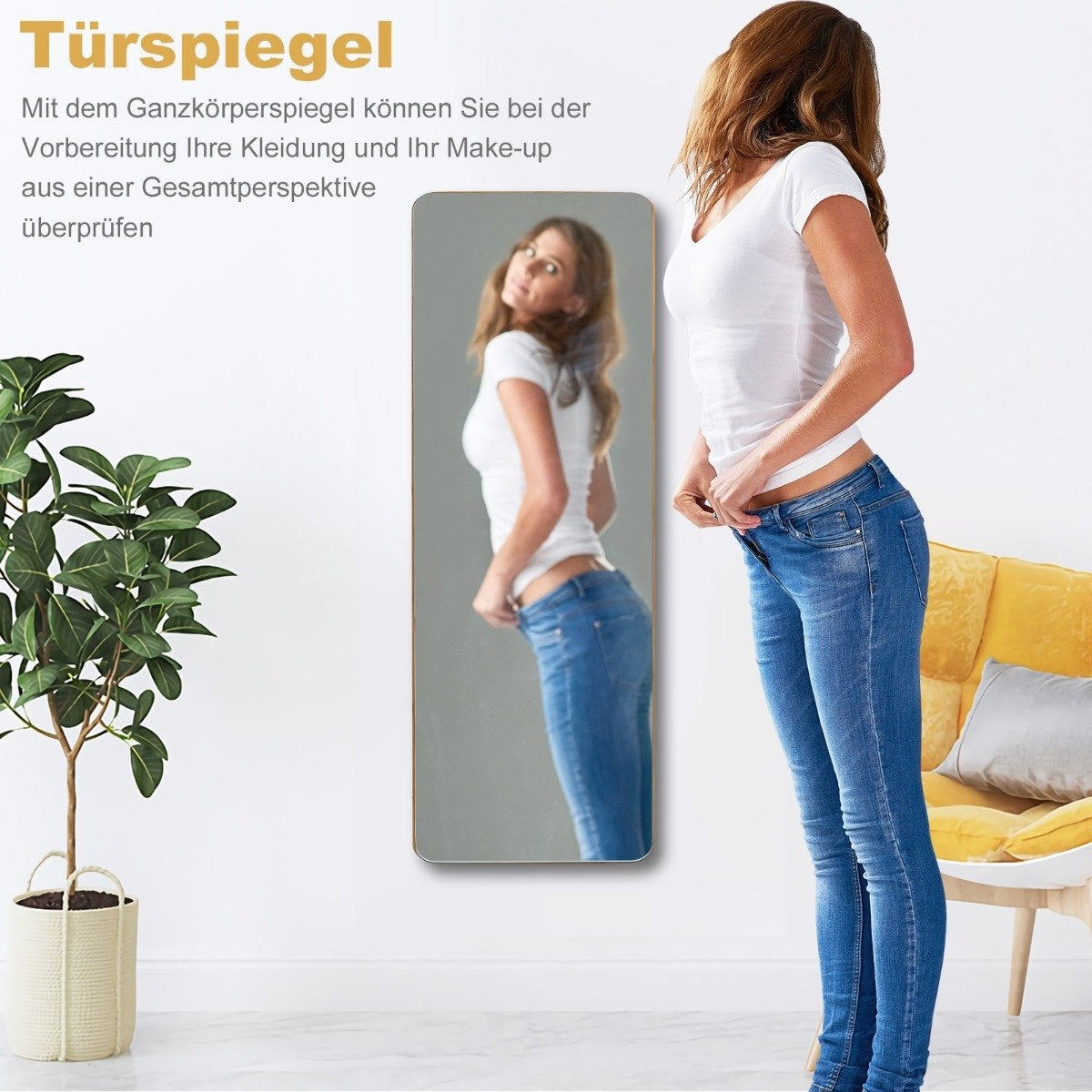 Wall Mirror with Bamboo Frame, Rounded Corners, 2 Hooks