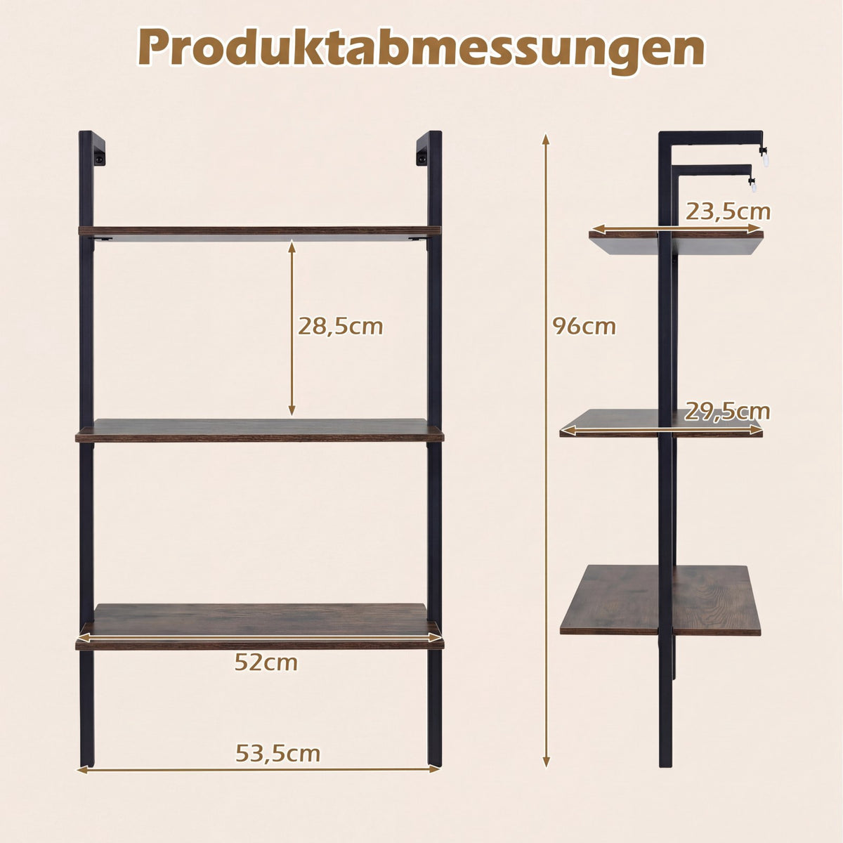 Wall-Mounted 3-Tier Shelf with Metal Frame, Brown