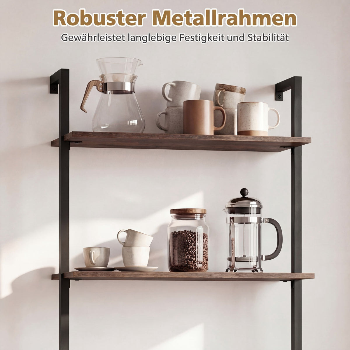 Wall-Mounted 3-Tier Shelf with Metal Frame, Brown