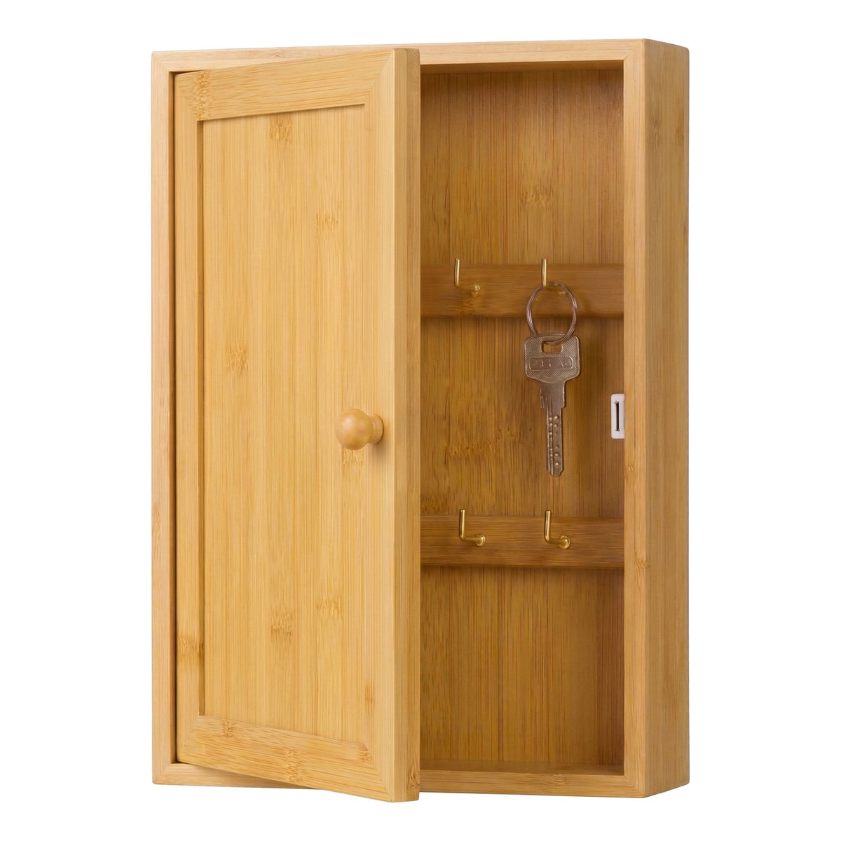 Wall-Mounted Bamboo Key Box, 8 Hooks, Magnetic Door