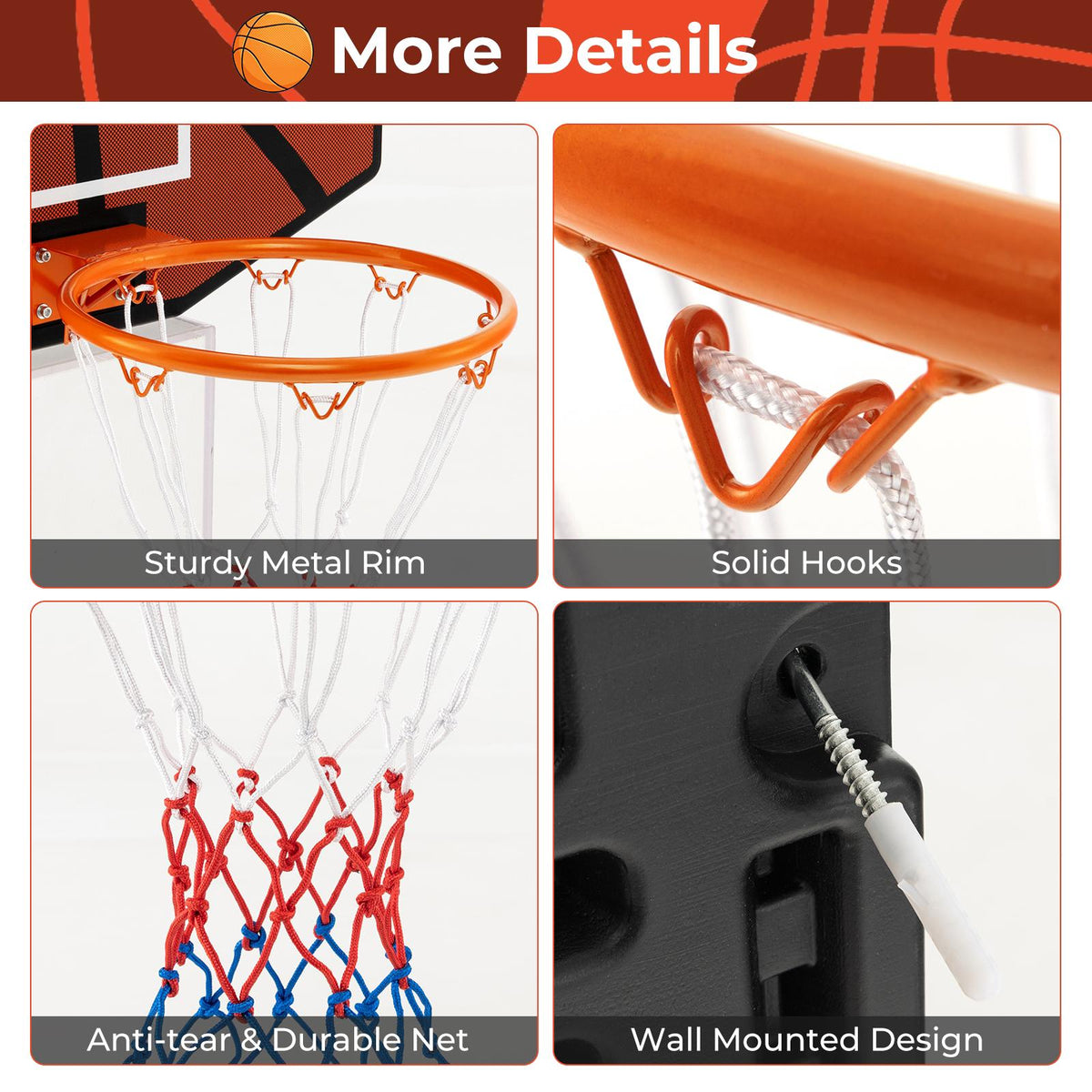 Wall-Mounted Basketball Hoop, 26 x 17.5 Shatterproof Backboard