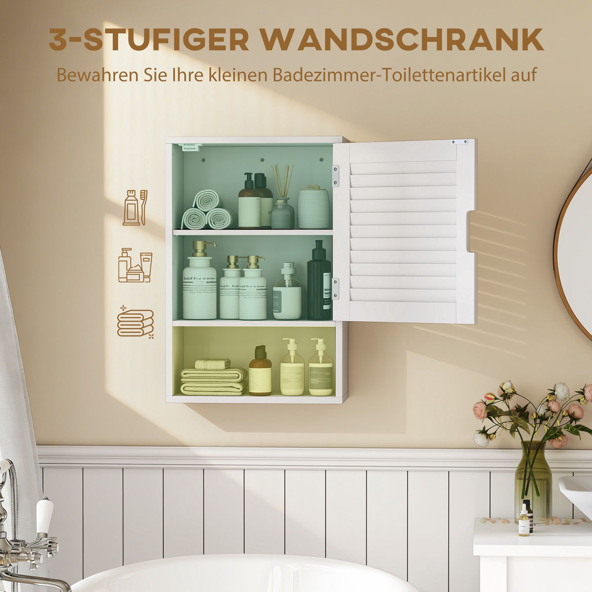 Wall-Mounted Bathroom Cabinet, White MDF, Adjustable Shelves
