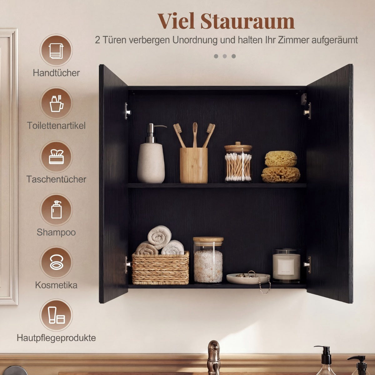 Wall-Mounted Bathroom Cabinet with Mirror Doors, Black, MDF
