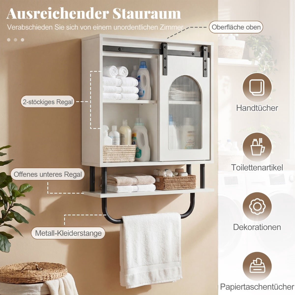 Wall-Mounted Bathroom Cabinet with Towel Rack, White