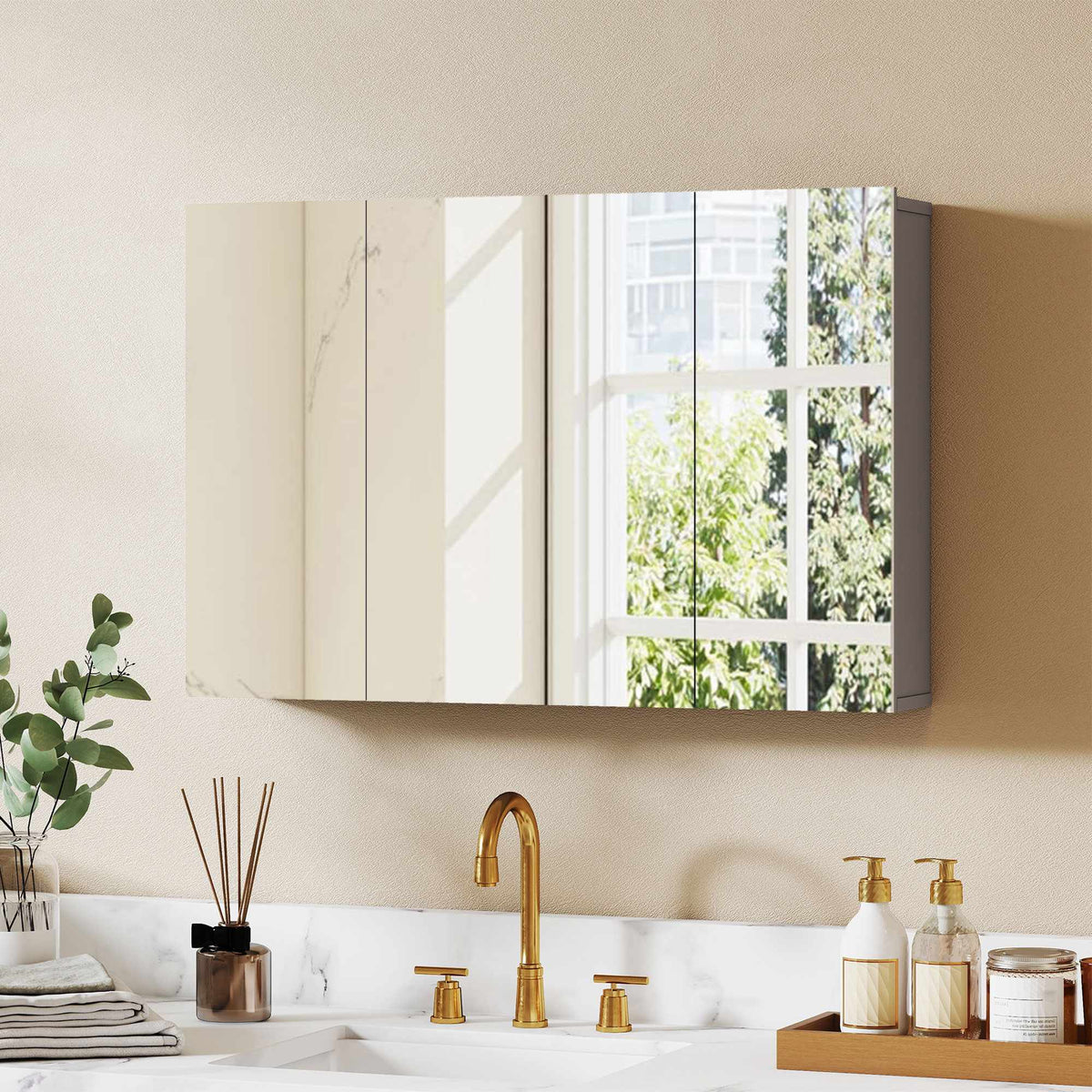 Wall-Mounted Bathroom Mirror Cabinet, 3-Door, Grey, Adjustable