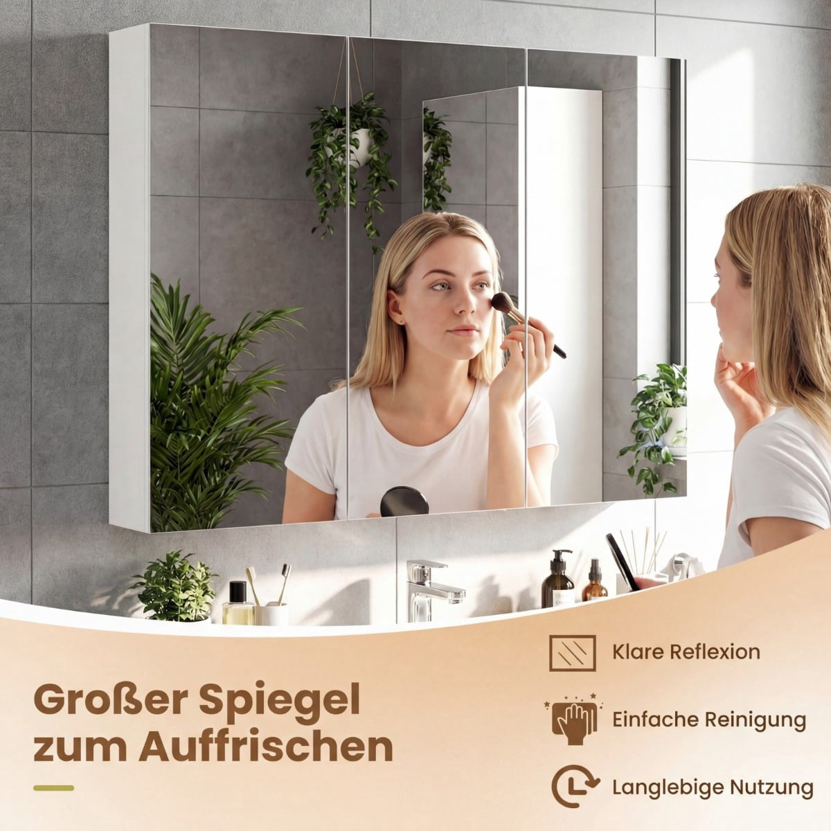 Wall-Mounted Bathroom Mirror Cabinet, 87 cm, 3 Doors, 6 Shelves