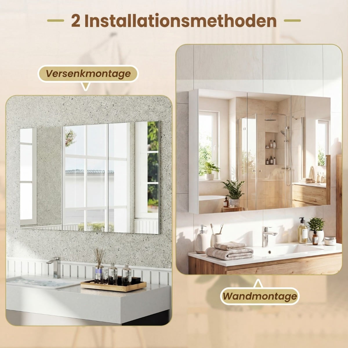 Wall-Mounted Bathroom Mirror Cabinet, 87 cm, 3 Doors, 6 Shelves