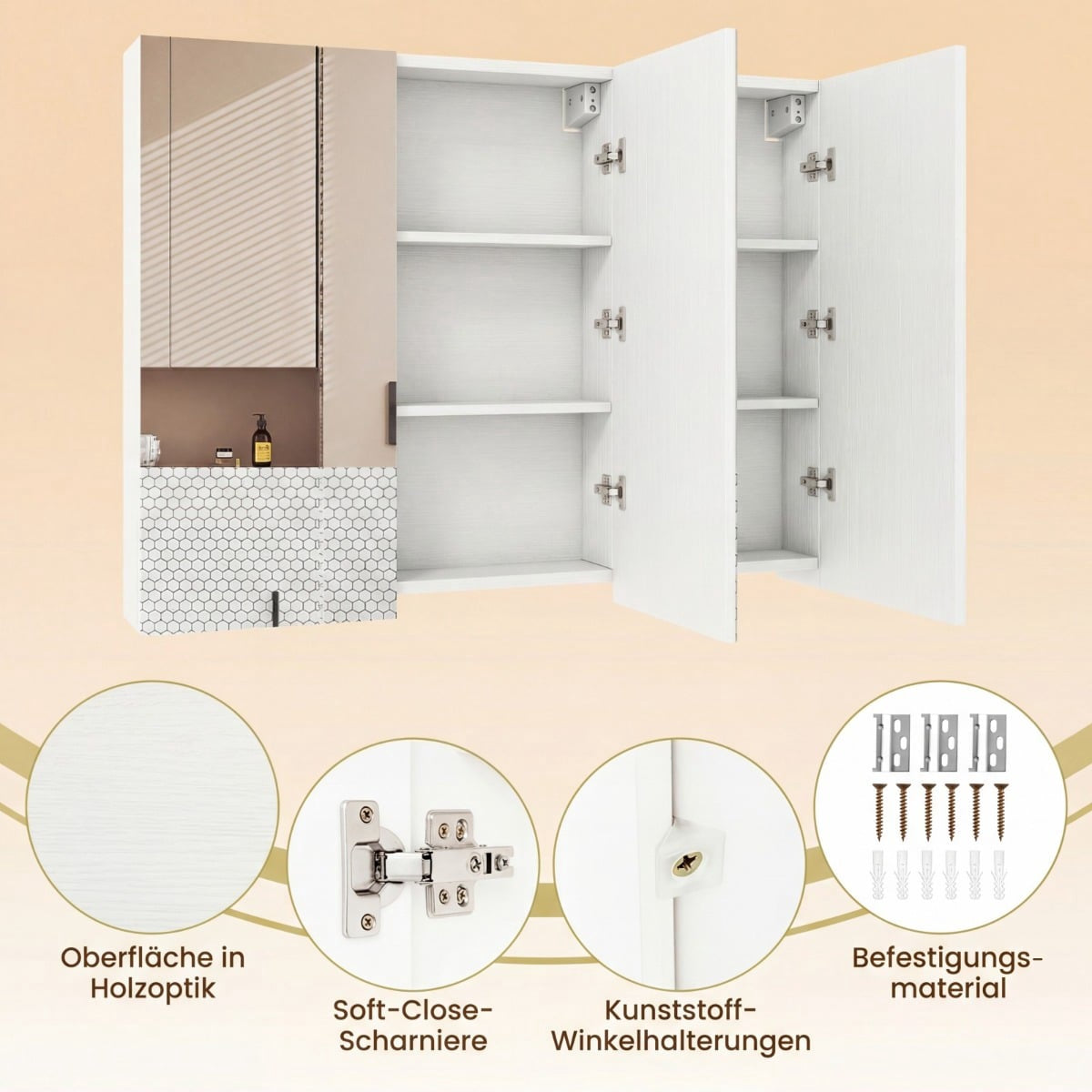 Wall-Mounted Bathroom Mirror Cabinet, 87 cm, 3 Doors, 6 Shelves