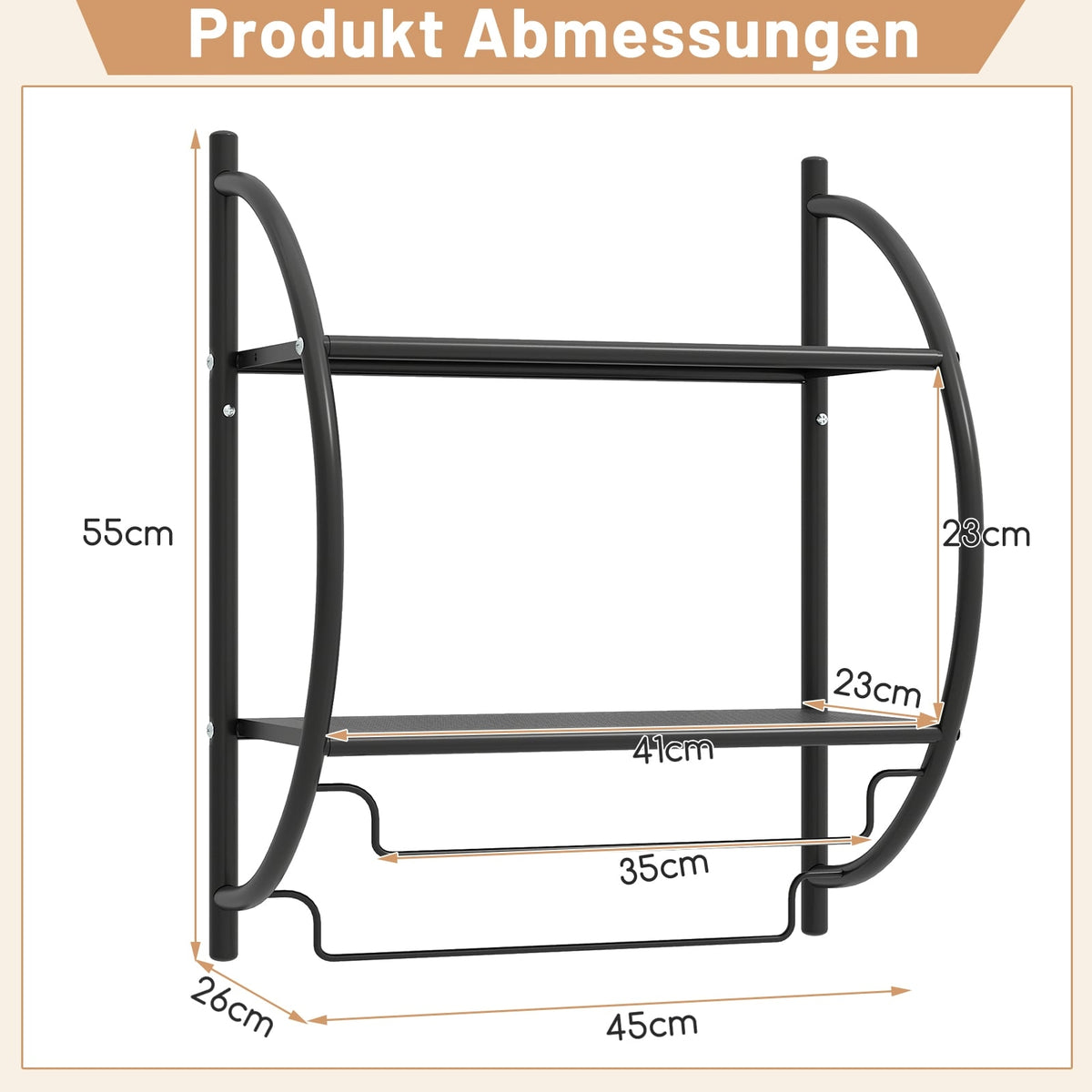 Wall-Mounted Black Metal Towel Rack with Shelf, 45x25.5x55 cm
