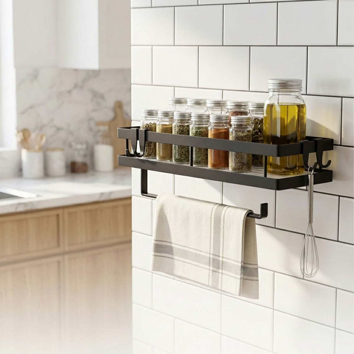 Wall-Mounted Black Spice Rack with Hooks and Roll Holder