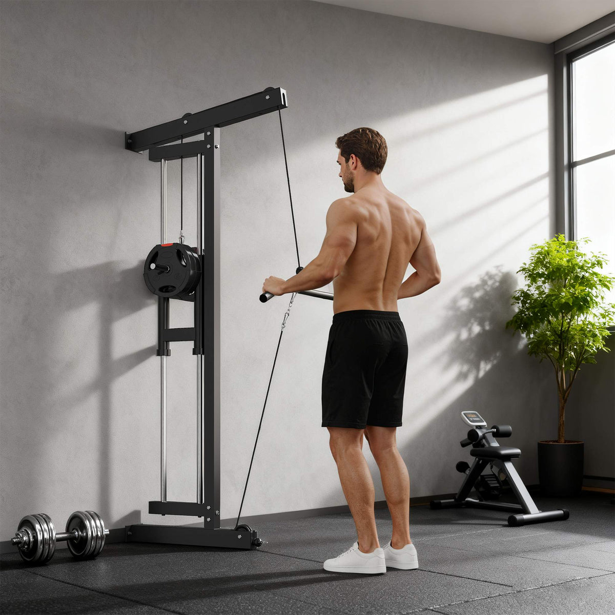 Wall-Mounted Cable Machine, Steel, Black, Home Gym Equipment
