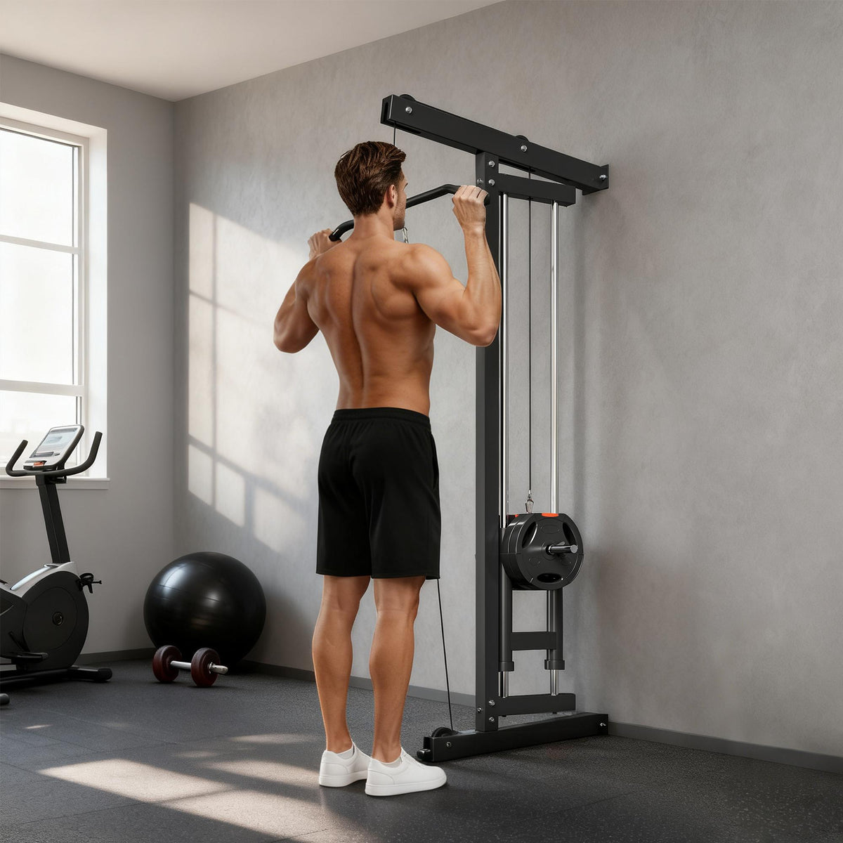 Wall-Mounted Cable Machine, Steel, Black, Home Gym Equipment