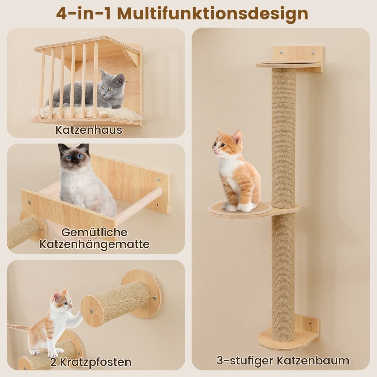 Wall-Mounted Cat Climbing Set with Hammock & Scratching Posts