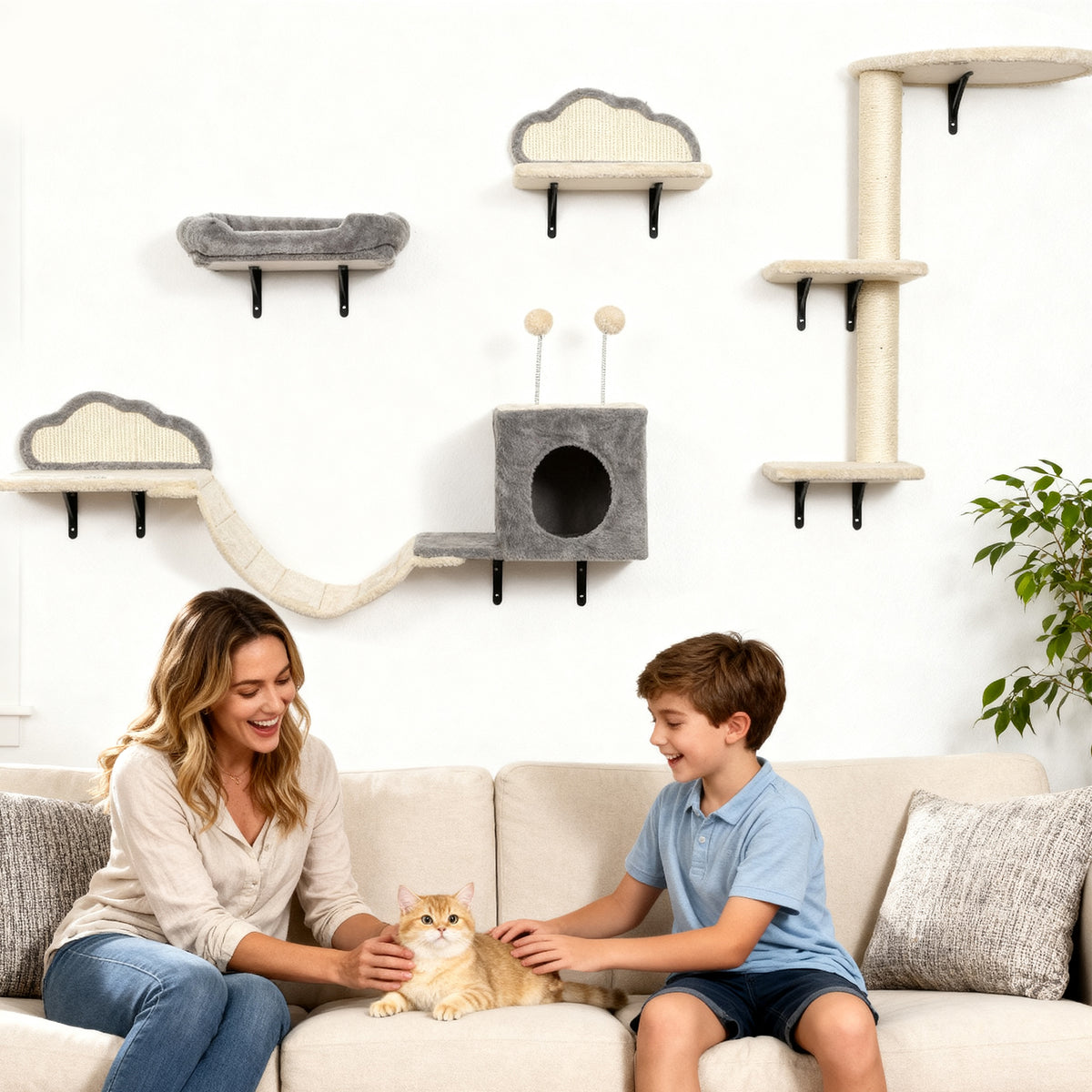 Wall-Mounted Cat Tree Set, Sisal, 4 Pieces, Beige